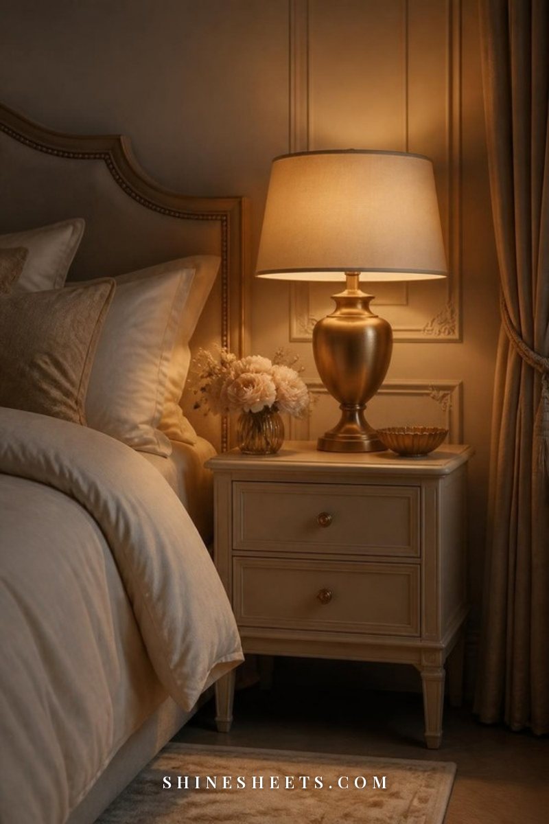 Warm dimmable bedside lamp glowing softly on a cream nightstand beside a linen bed in the evening
