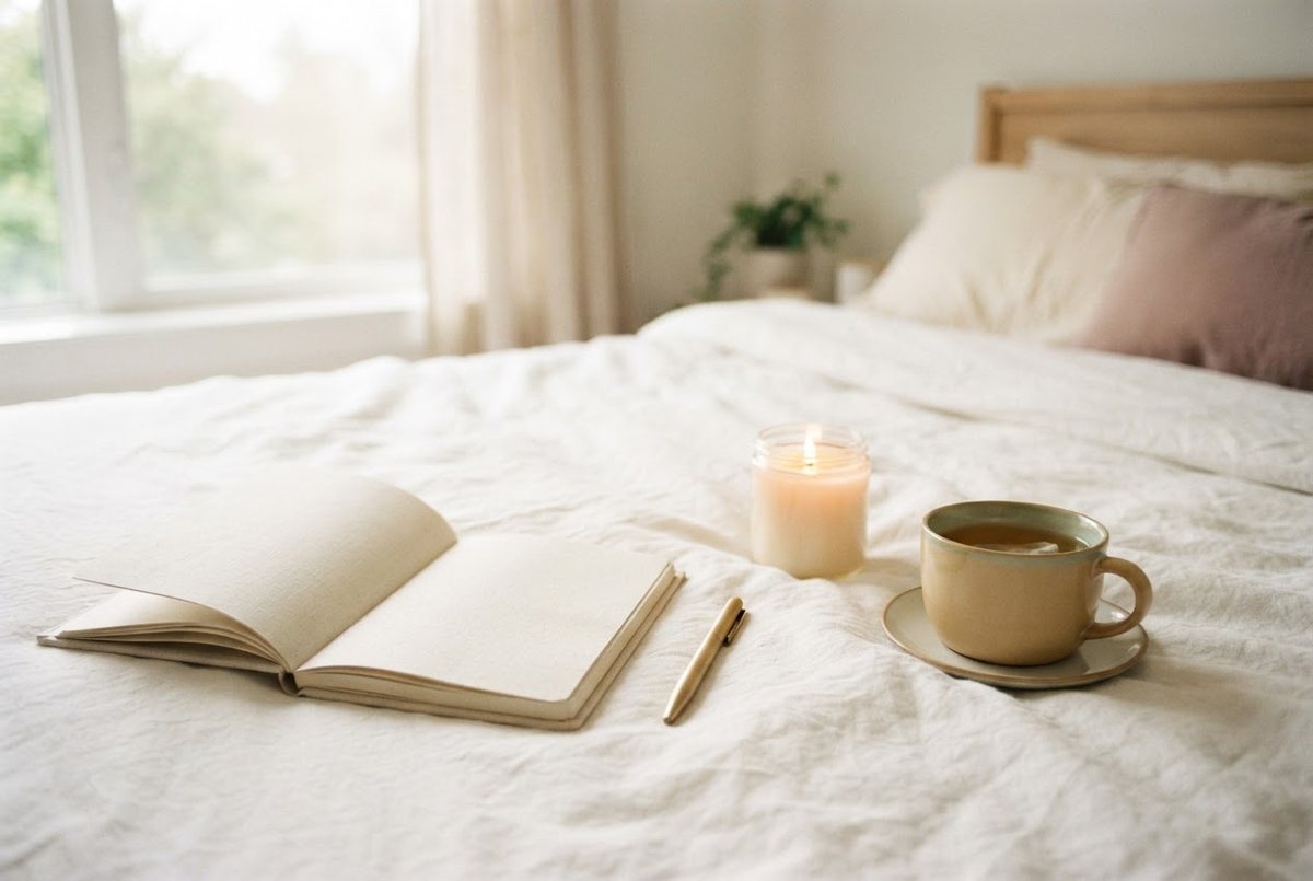 Cream notebook, a pen, a glass candle and a cup of tea on a white linen bed in soft morning light