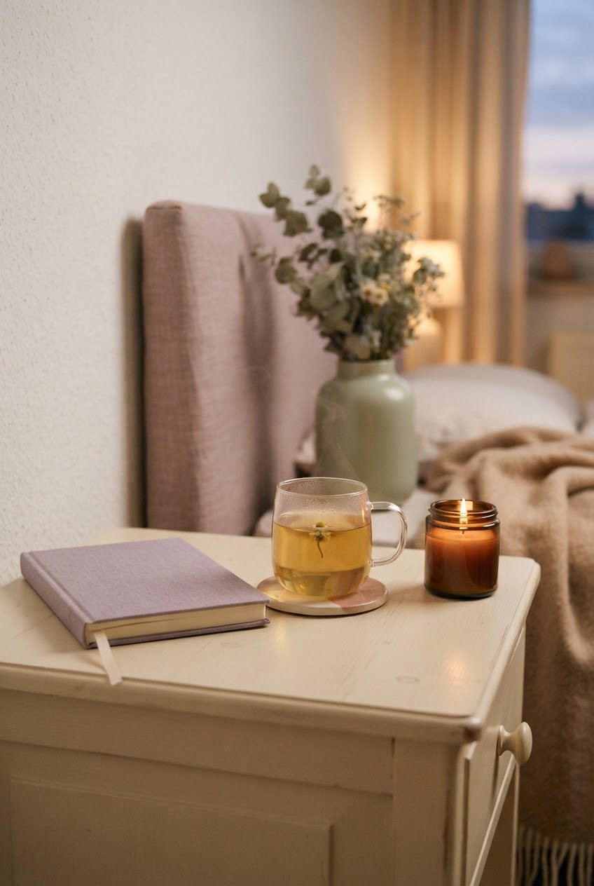 Lavender journal, a glass of chamomile tea and a lit glass candle on a cream bedside table