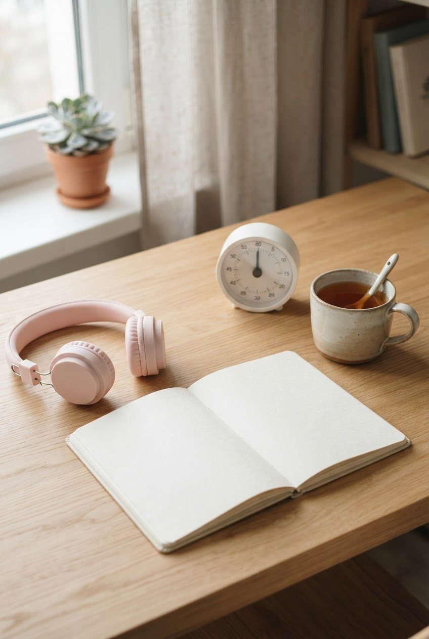 Pastel pink headphones resting beside an open notebook, a white desk timer and a cup of tea on a light wooden desk