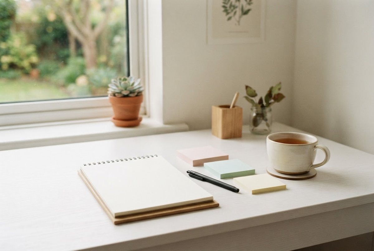 Tidy white desk with a blank notepad, pastel sticky notes, a pen and a cup of tea in soft daylight