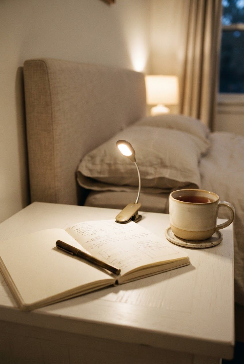 Open cream journal with a pen, a clip-on book light and a cup of tea on a white bedside table