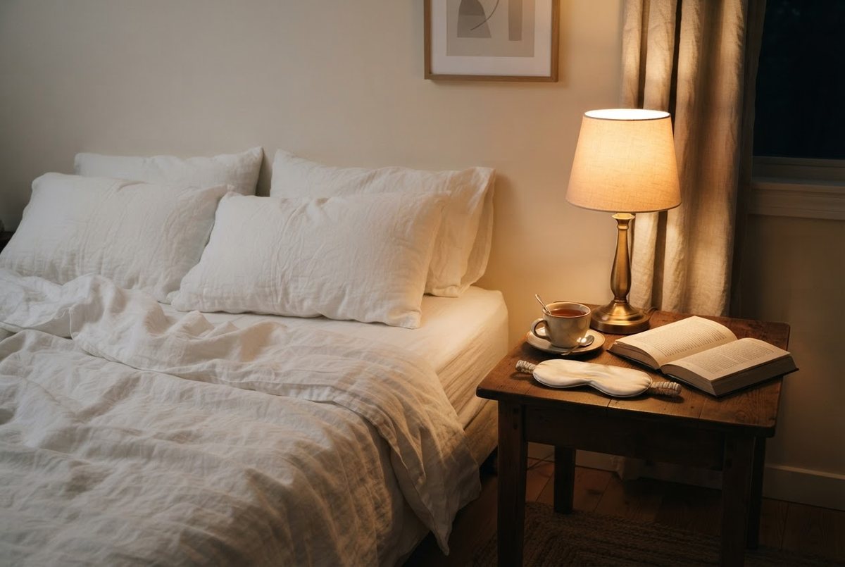 White bed with linen pillows, an open book, a cream sleep mask and a cup of tea on a bedside table in warm lamplight