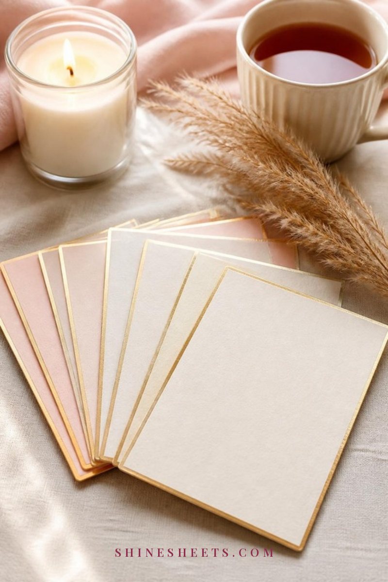 Blank cream and blush cards spread on a linen tablecloth next to a lit candle in a clear glass jar