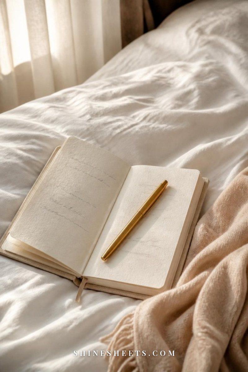 Cream linen journal open on a white bed with a gold pen and soft handwritten scribbles in morning light