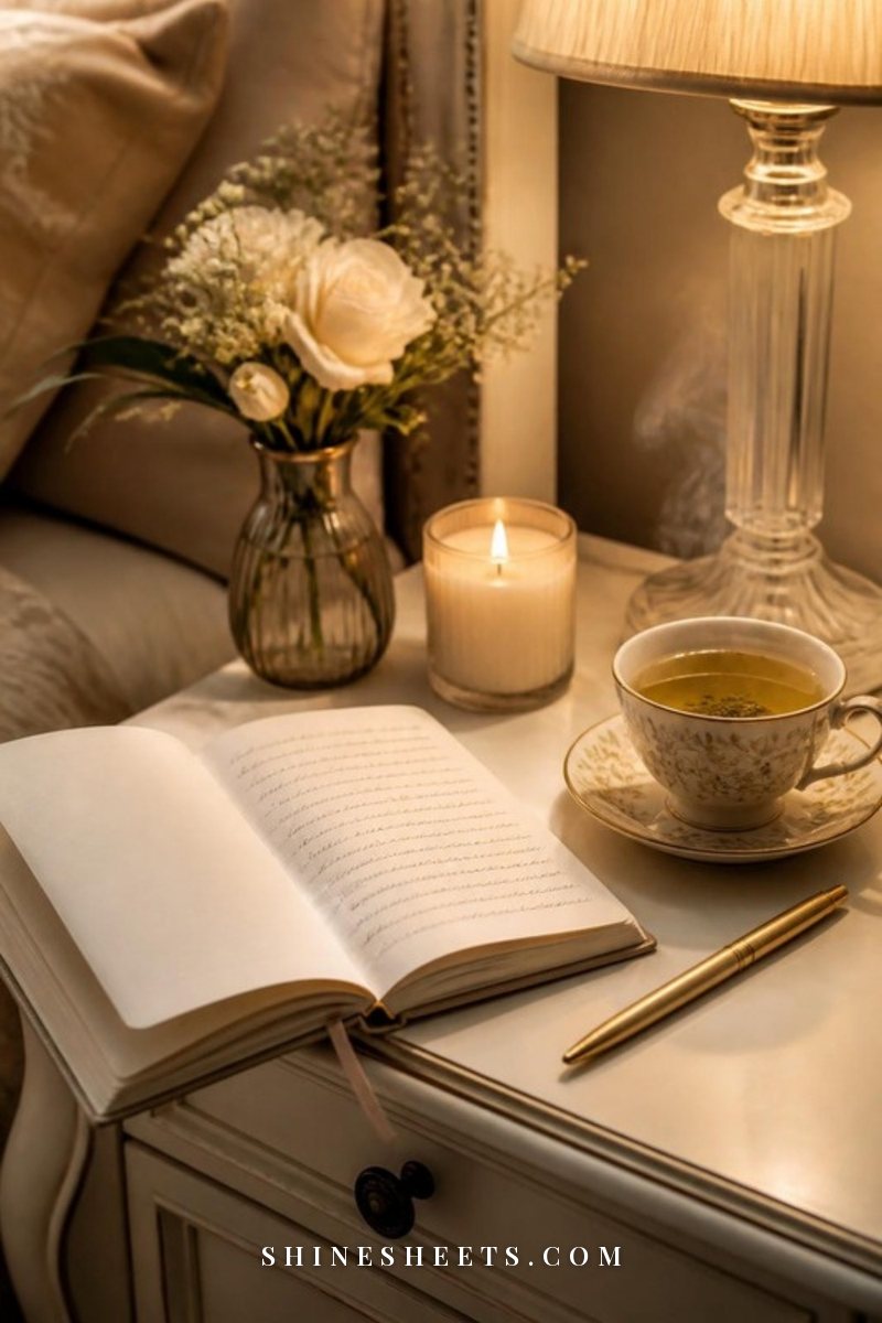 Open journal with soft illegible handwriting, a gold pen and a cup of tea on a cream bedside table in warm evening light