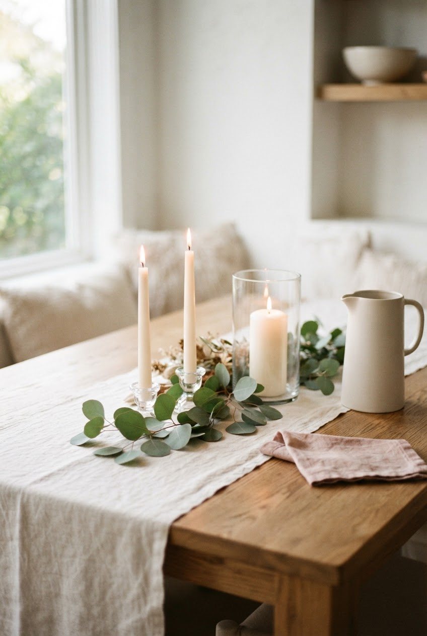 Ivory taper candles in clear glass holders and a glass hurricane on a white table runner with sprigs of eucalyptus