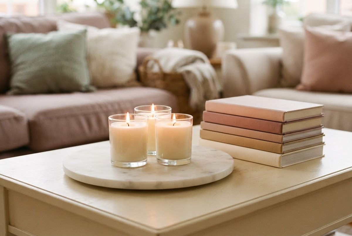 Three lit glass jar candles on a round white marble tray beside a short stack of books on a cream coffee table