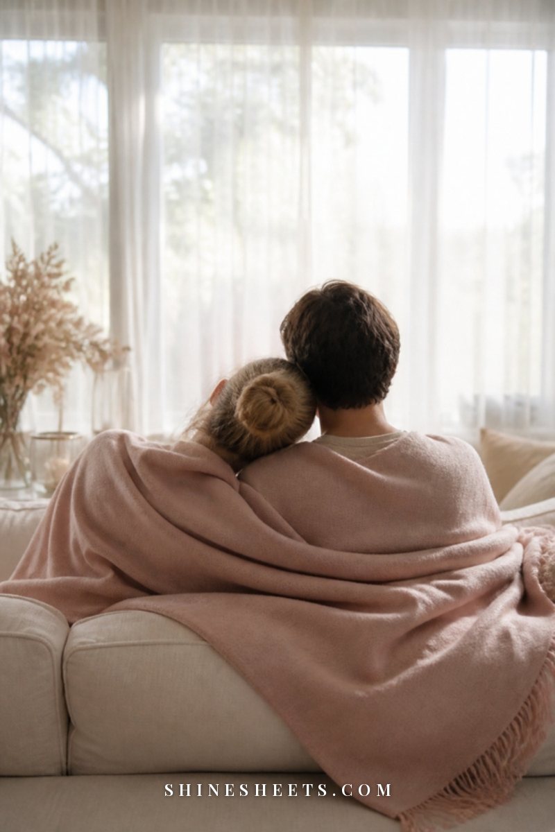 A couple seen from behind sitting close on a cream sofa with a blush throw blanket over their shoulders