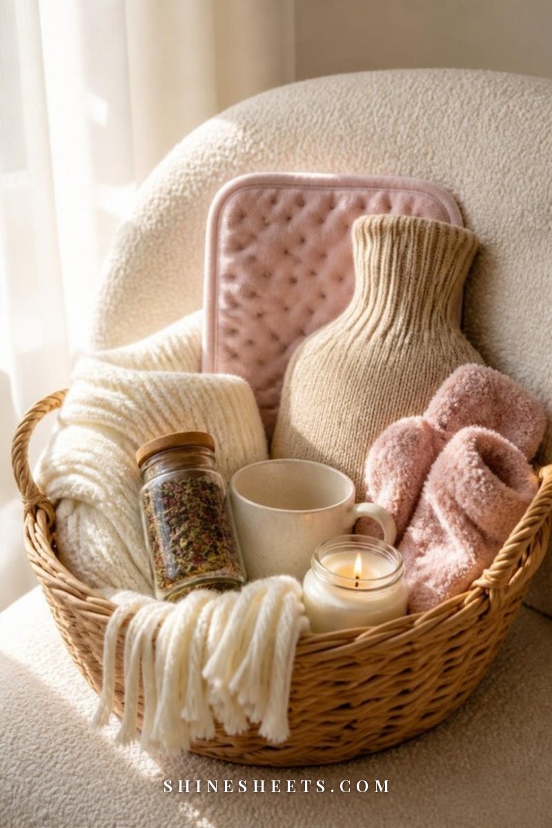 A cream wicker care basket with a folded blanket, a glass candle, a tea tin and a blank notebook