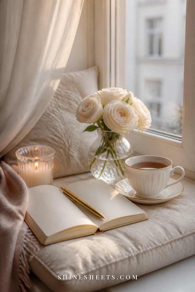 A cup of tea cooling on a windowsill beside a closed cream journal and a small vase of white flowers