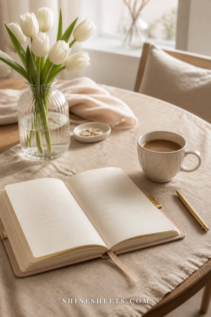 Two coffee cups and an open blank notebook on a sunny kitchen table with a vase of tulips