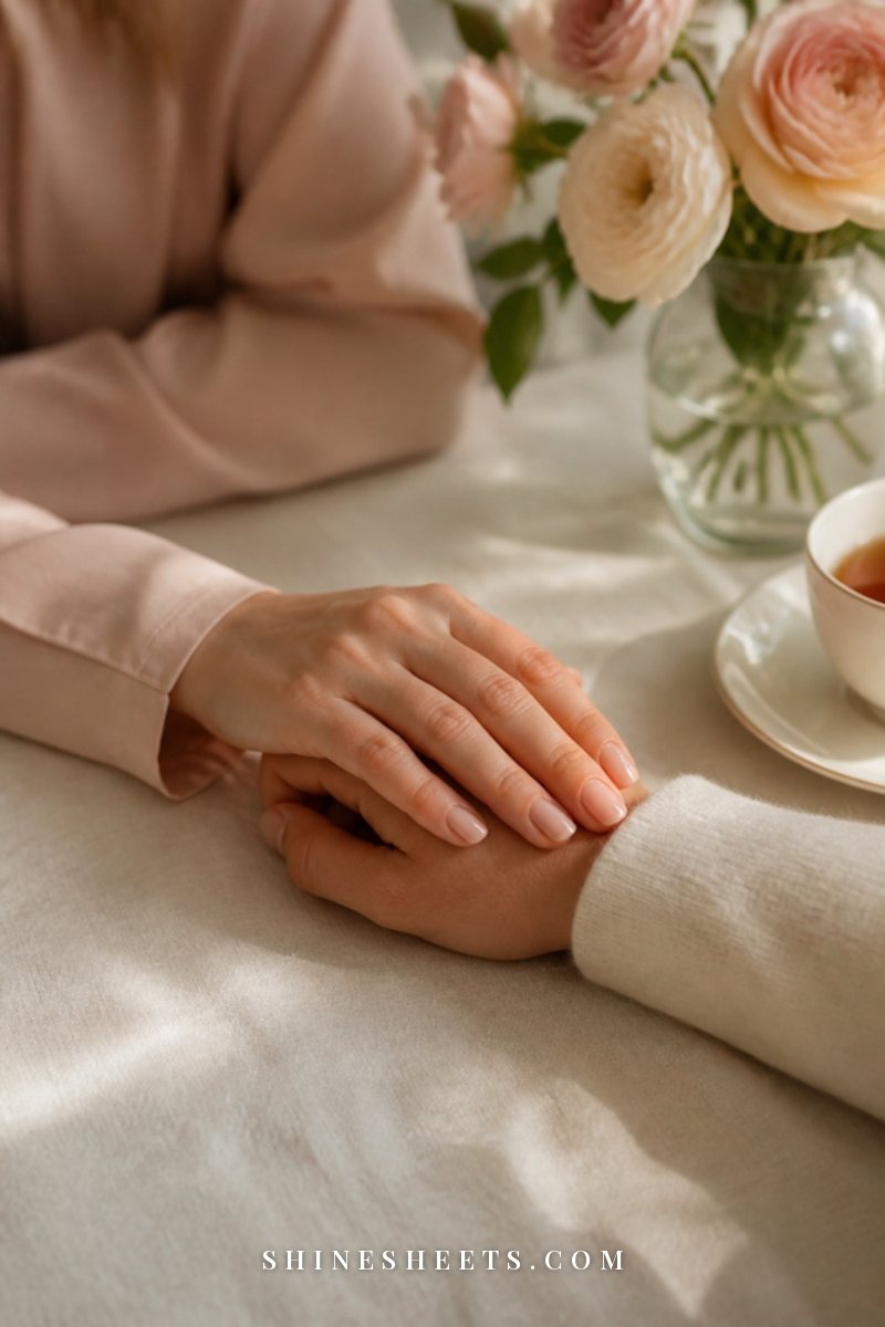 Two hands resting gently together on a cream linen tablecloth beside a small vase of blush flowers