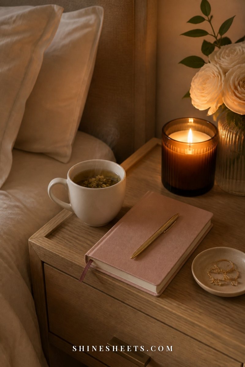 Bedside table with a mug of evening tea, a closed journal, a pen and a glowing glass candle