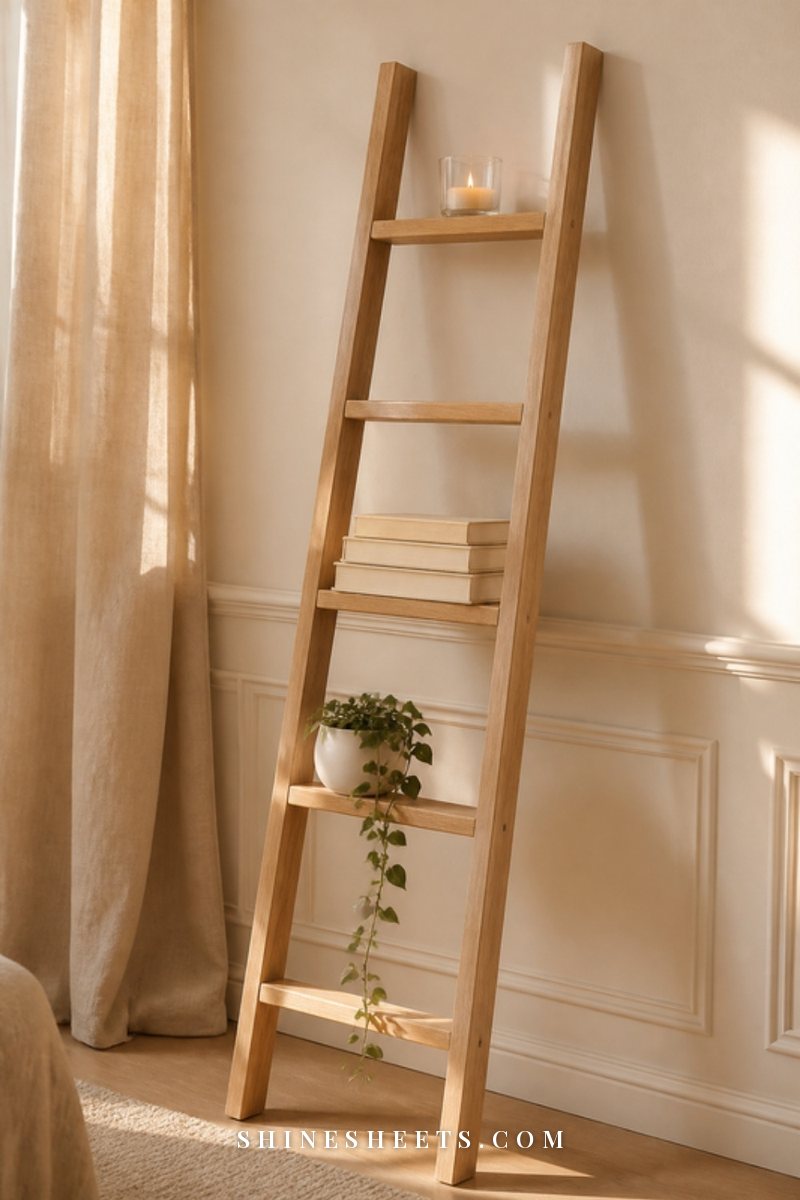 Five cream ceramic steps of a wooden library ladder with a plant, books and a candle in soft light