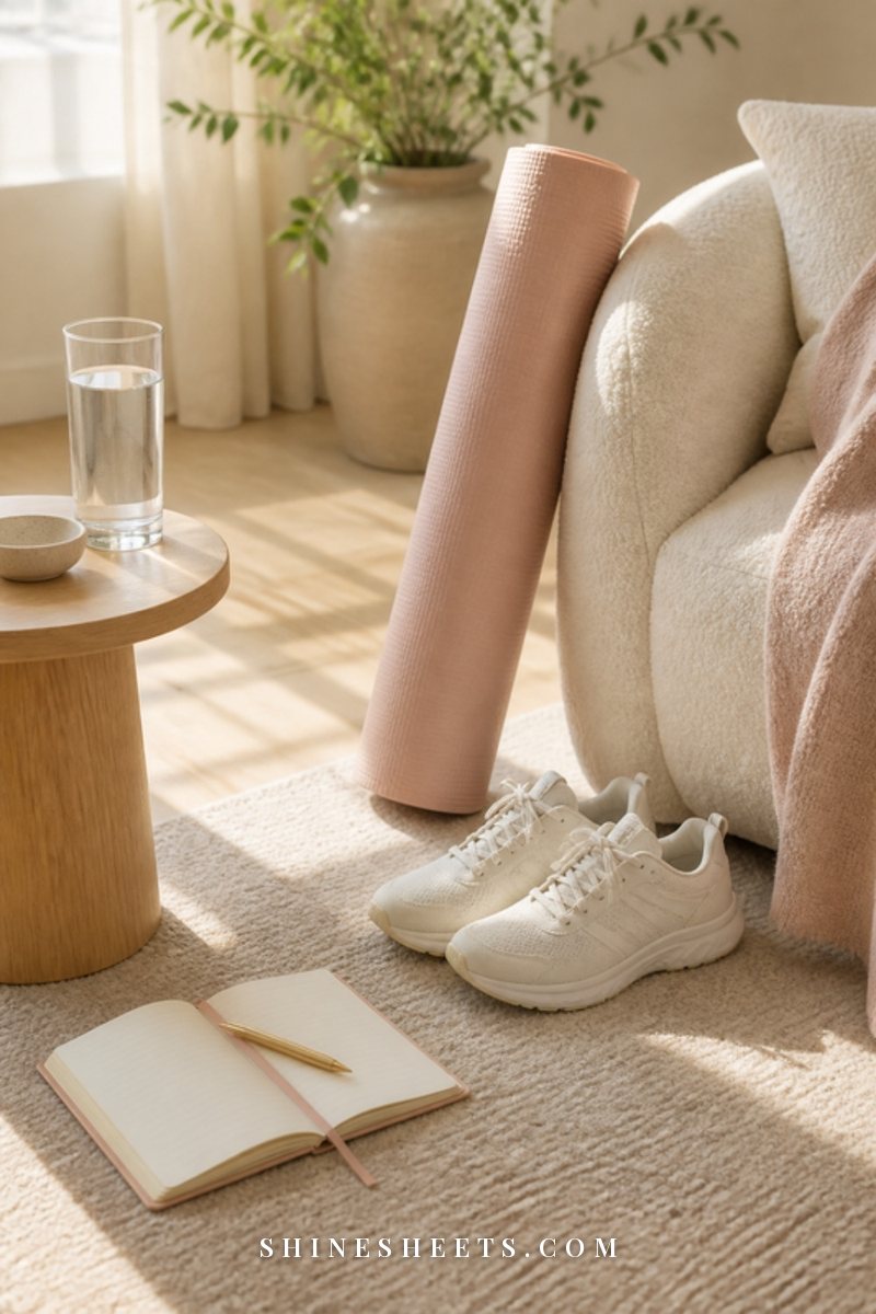 Glass of water, a folded yoga mat and walking shoes ready by a cream bedroom chair in morning light