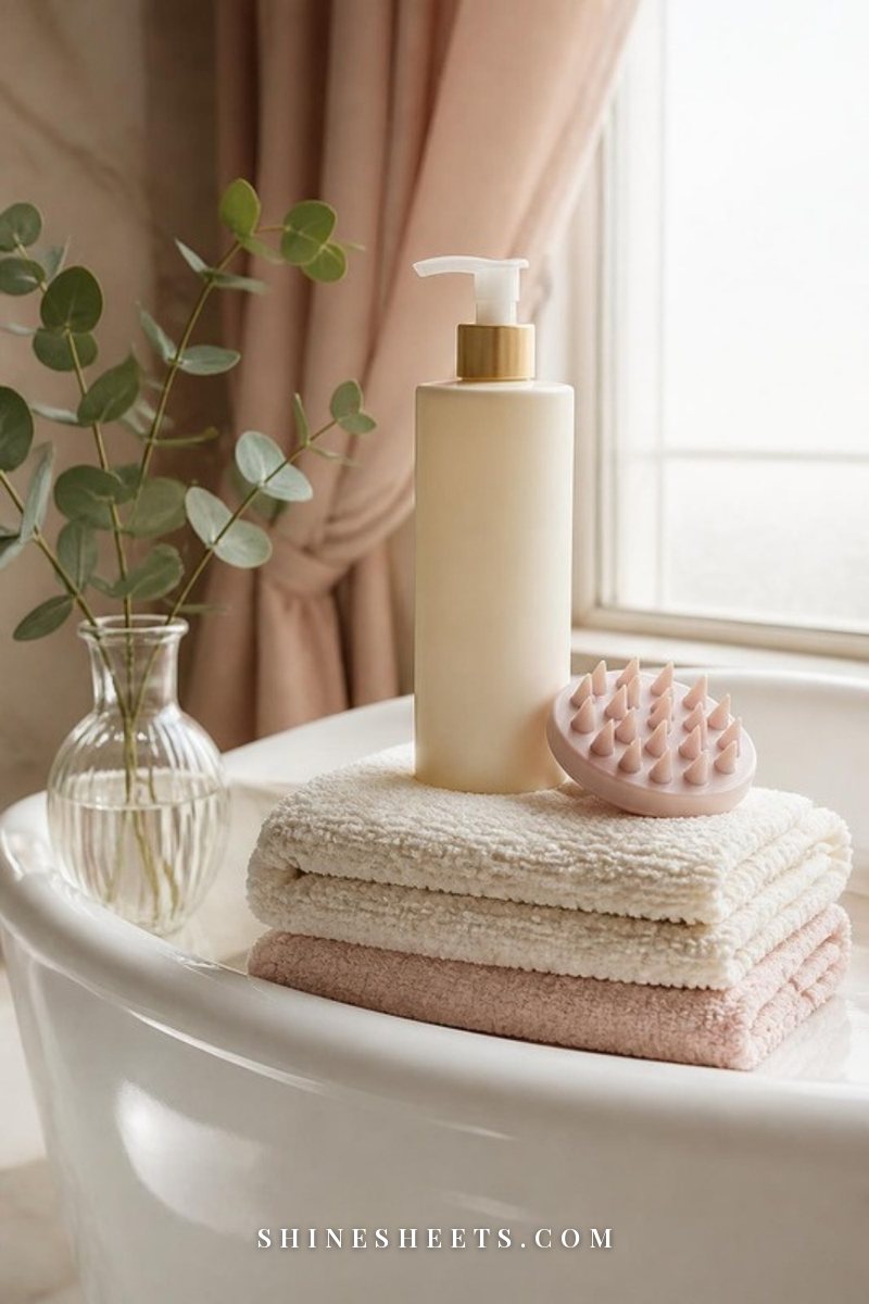 Clarifying shampoo bottle, a pink silicone scalp massager and folded towels on the edge of a white bathtub