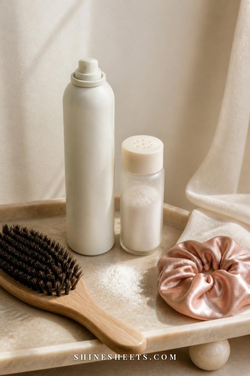Cream dry shampoo spray and a small powder bottle on a beige marble vanity with a boar bristle brush in soft morning light