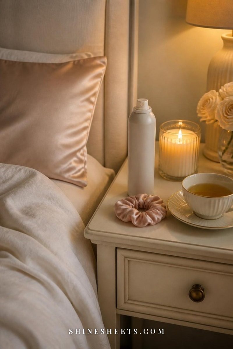 Dry shampoo, a silk scrunchie and a cup of tea on a cream nightstand beside a softly lit bed in the evening