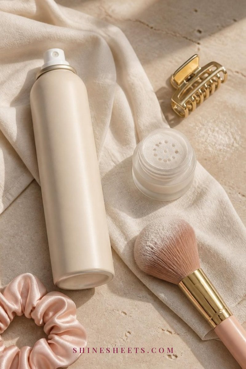 Dry shampoo spray next to a powder shaker and a soft makeup brush dusted with powder on a cream linen cloth