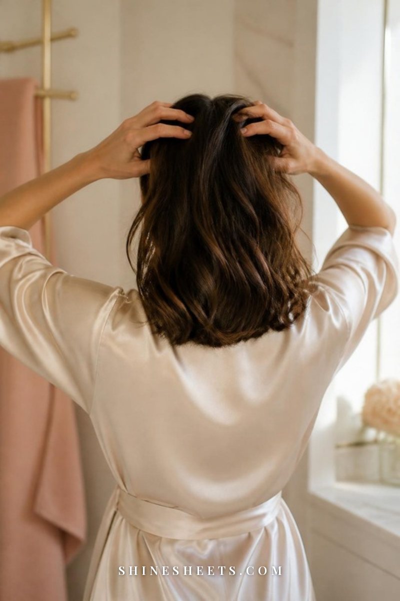 Woman seen from behind gently massaging her roots with her fingertips in a bright cream bathroom