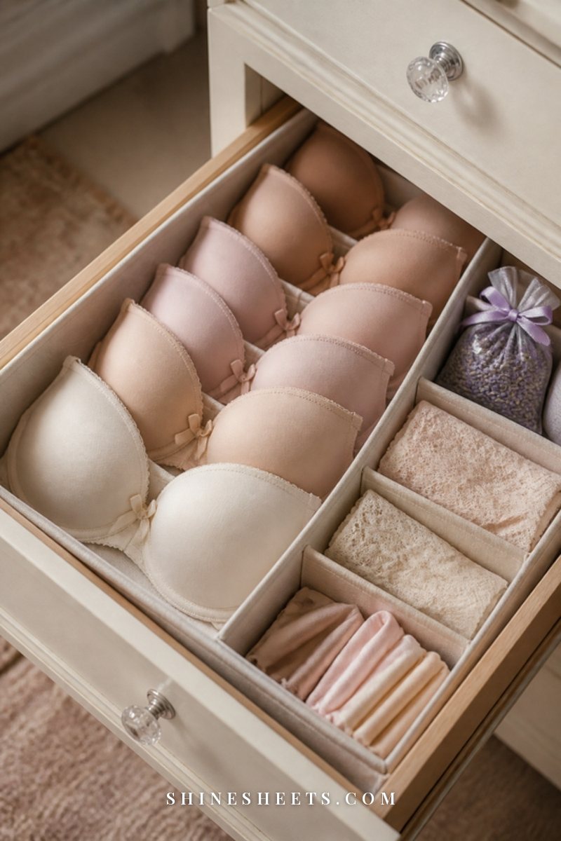 Open dresser drawer with a beige fabric organizer holding neatly arranged bras with cups nested and folded underwear