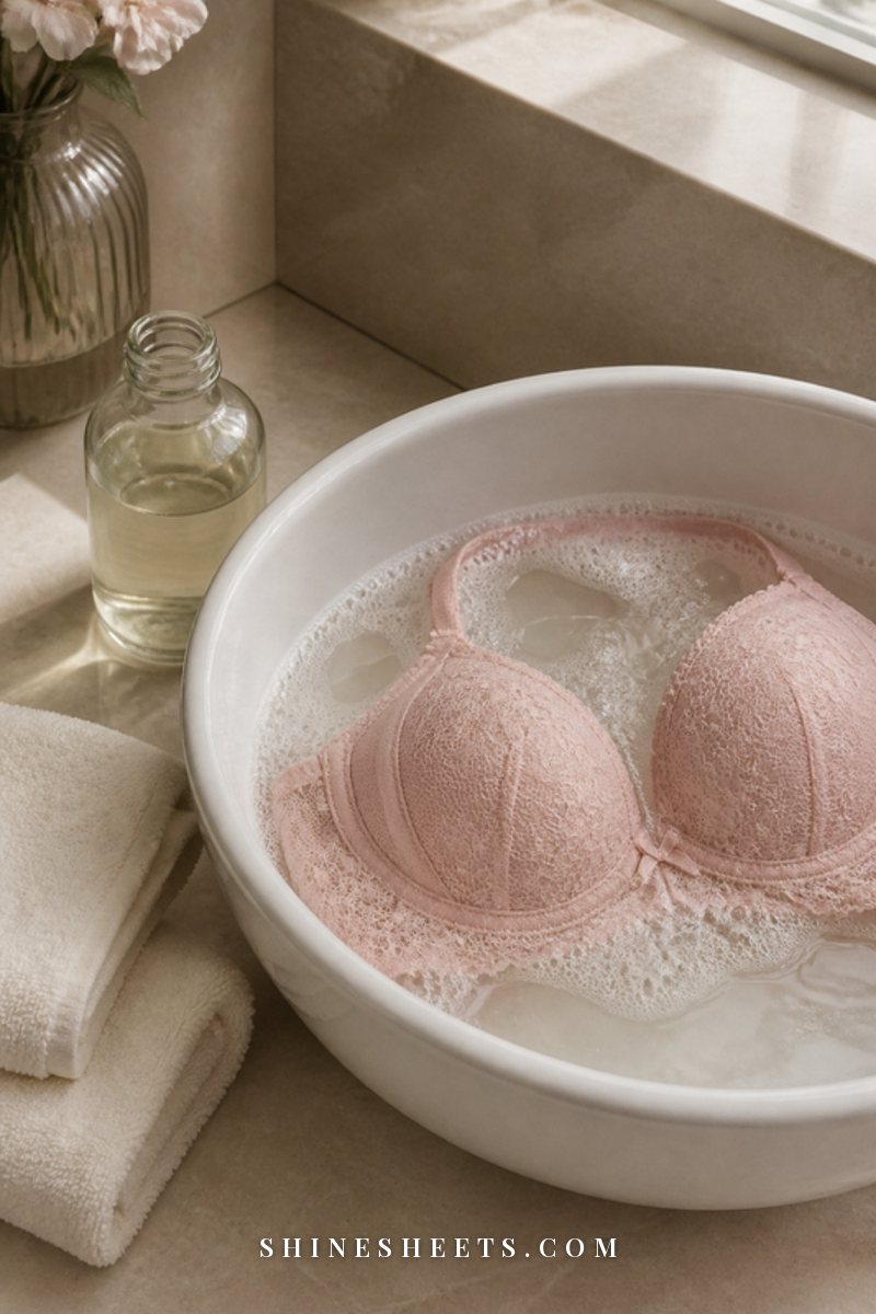 White ceramic wash basin with soft soapy water and a blush lace bra soaking beside folded cream towels