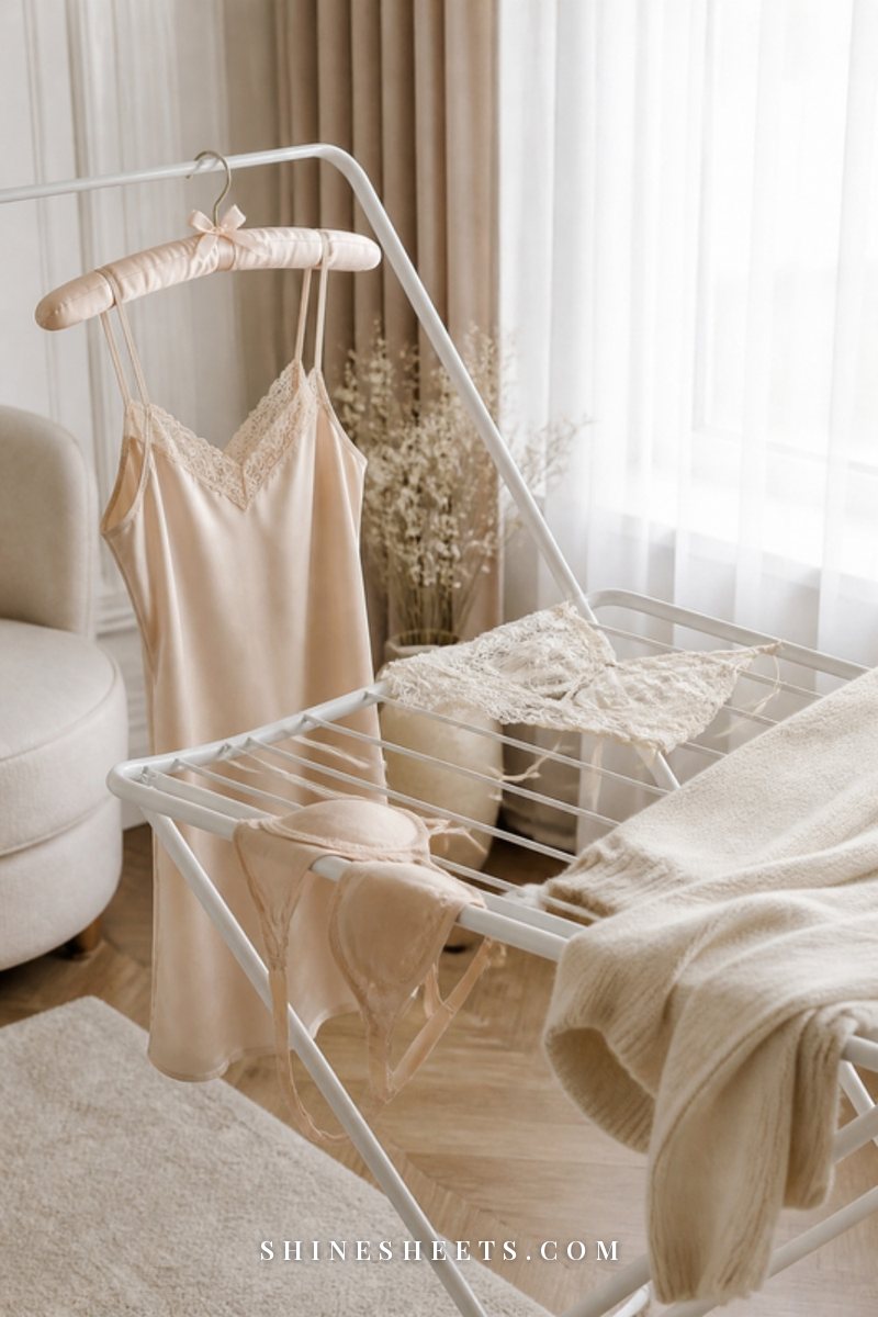 White folding drying rack by a sunny window with a silk camisole on a padded hanger and lace pieces laid flat
