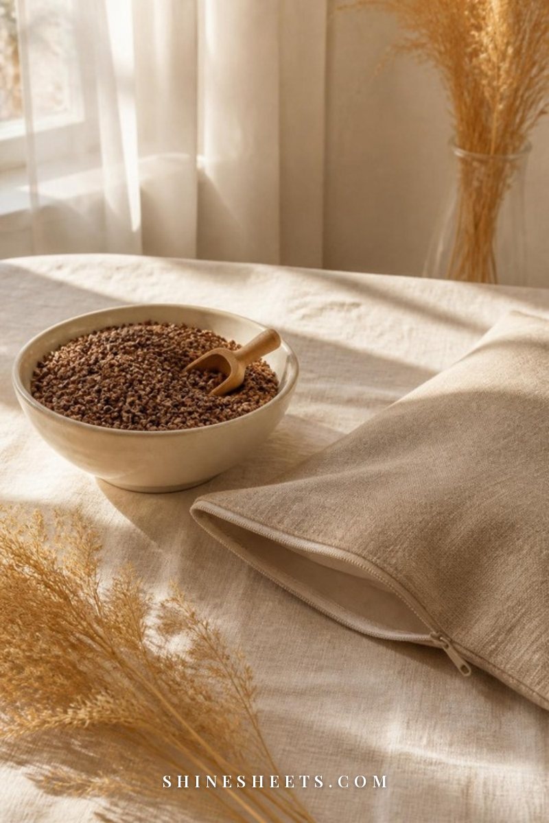 Buckwheat hulls in a large cream ceramic bowl beside an empty linen pillow cover drying in sunlight