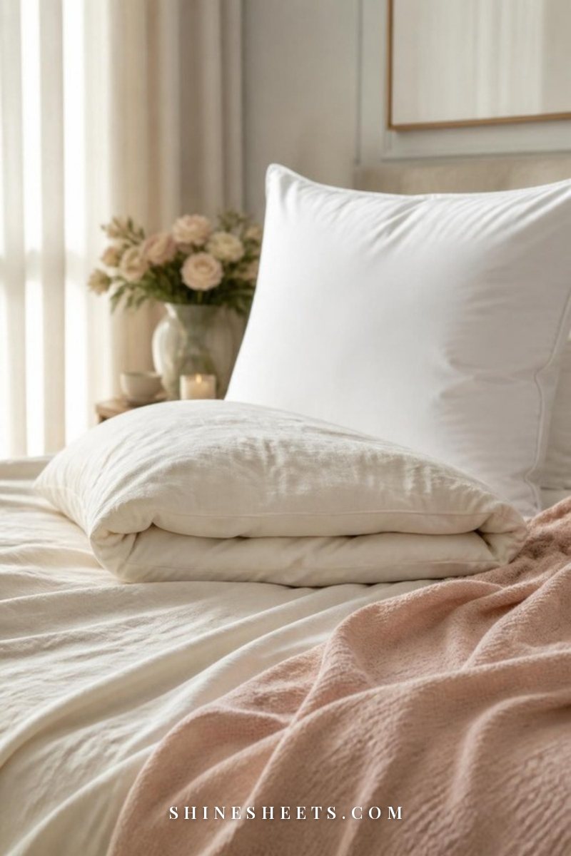 A flat, tired white pillow folded in half on a cream bed next to a fresh fluffy pillow