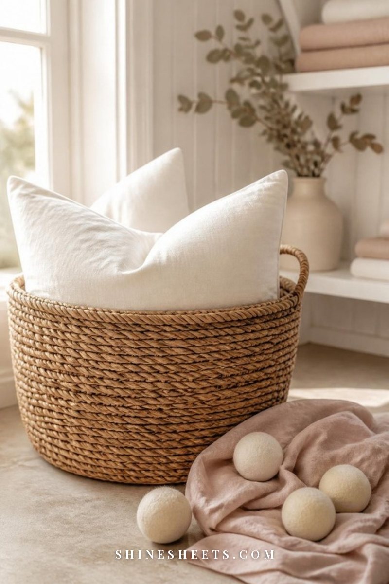 Freshly dried white pillows in a woven basket with cream wool dryer balls beside them