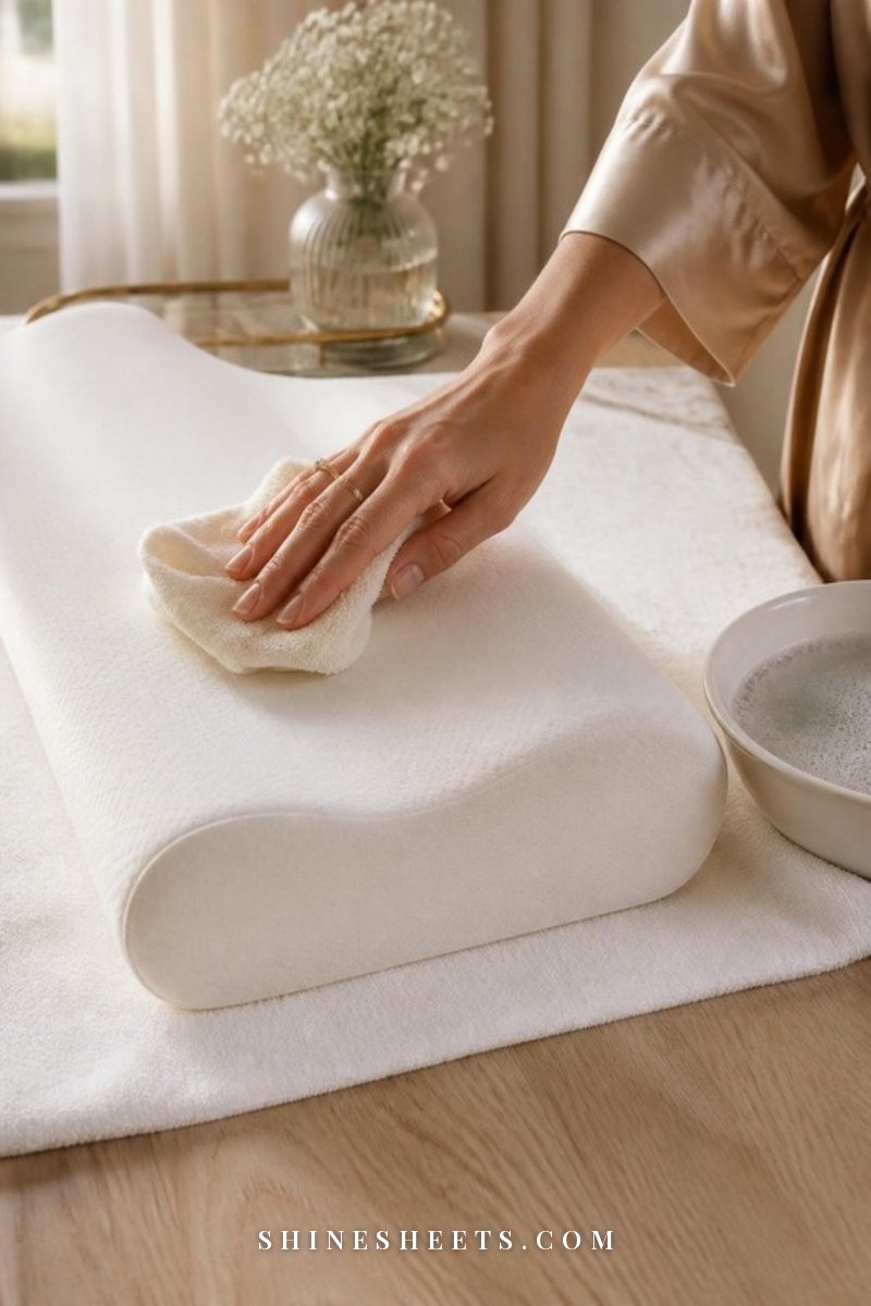 A hand gently blotting a white memory foam pillow with a damp cream cloth next to a small bowl of soapy water