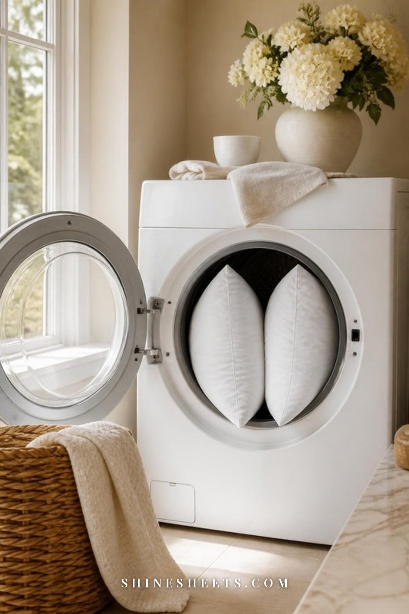 Two fluffy white pillows placed upright side by side inside a white front-loading washing machine