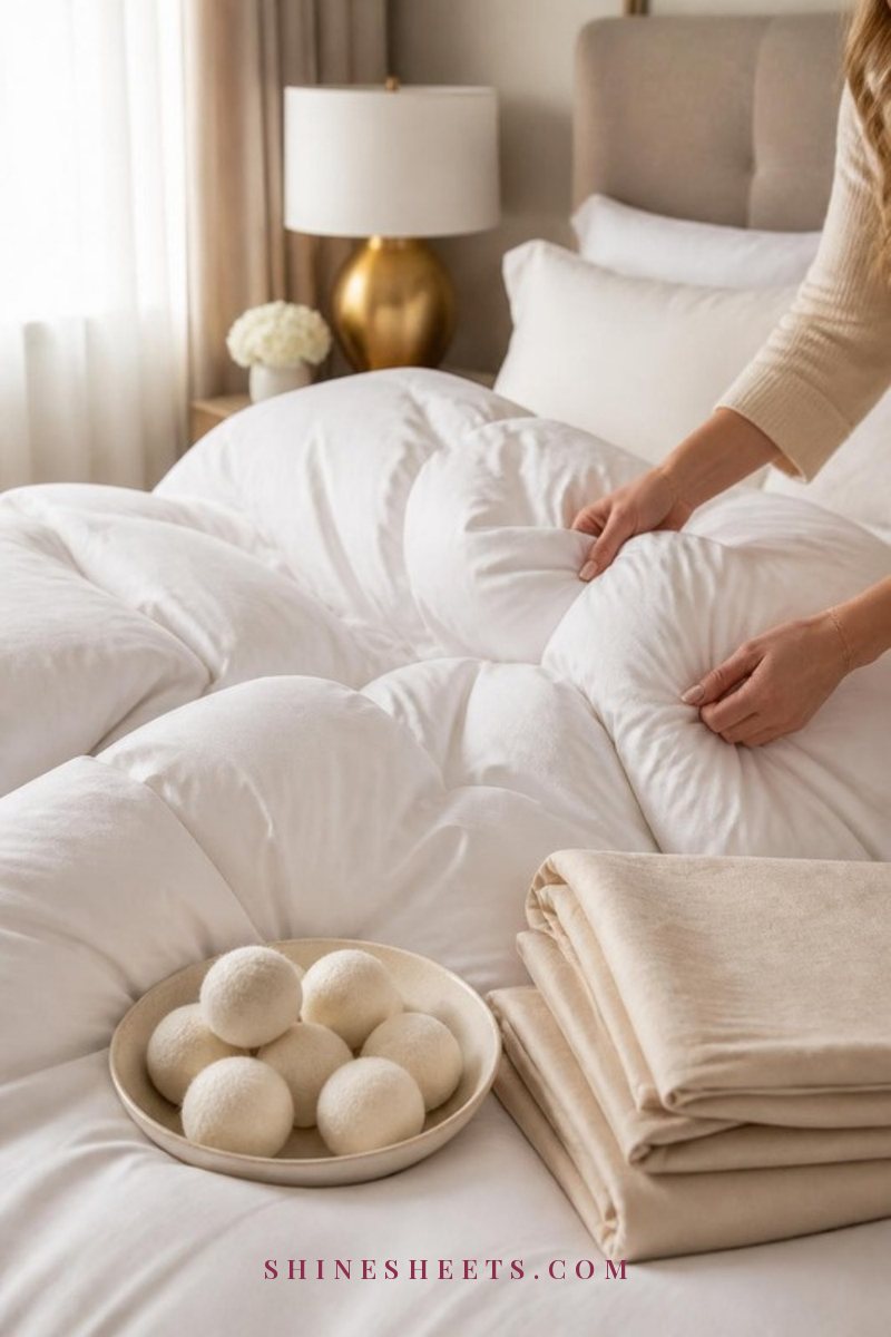 Fluffy white down duvet being folded on a bed with a beige cotton duvet cover and wool dryer balls in a ceramic bowl nearby