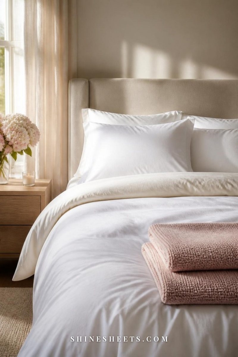 Freshly made bed with crisp white cotton sheets, a cream duvet and folded blush throw in soft morning light