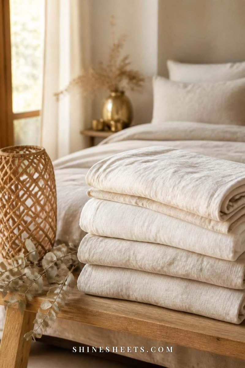Rumpled cream linen sheets loosely folded on a wooden bench beside a woven basket in warm natural light