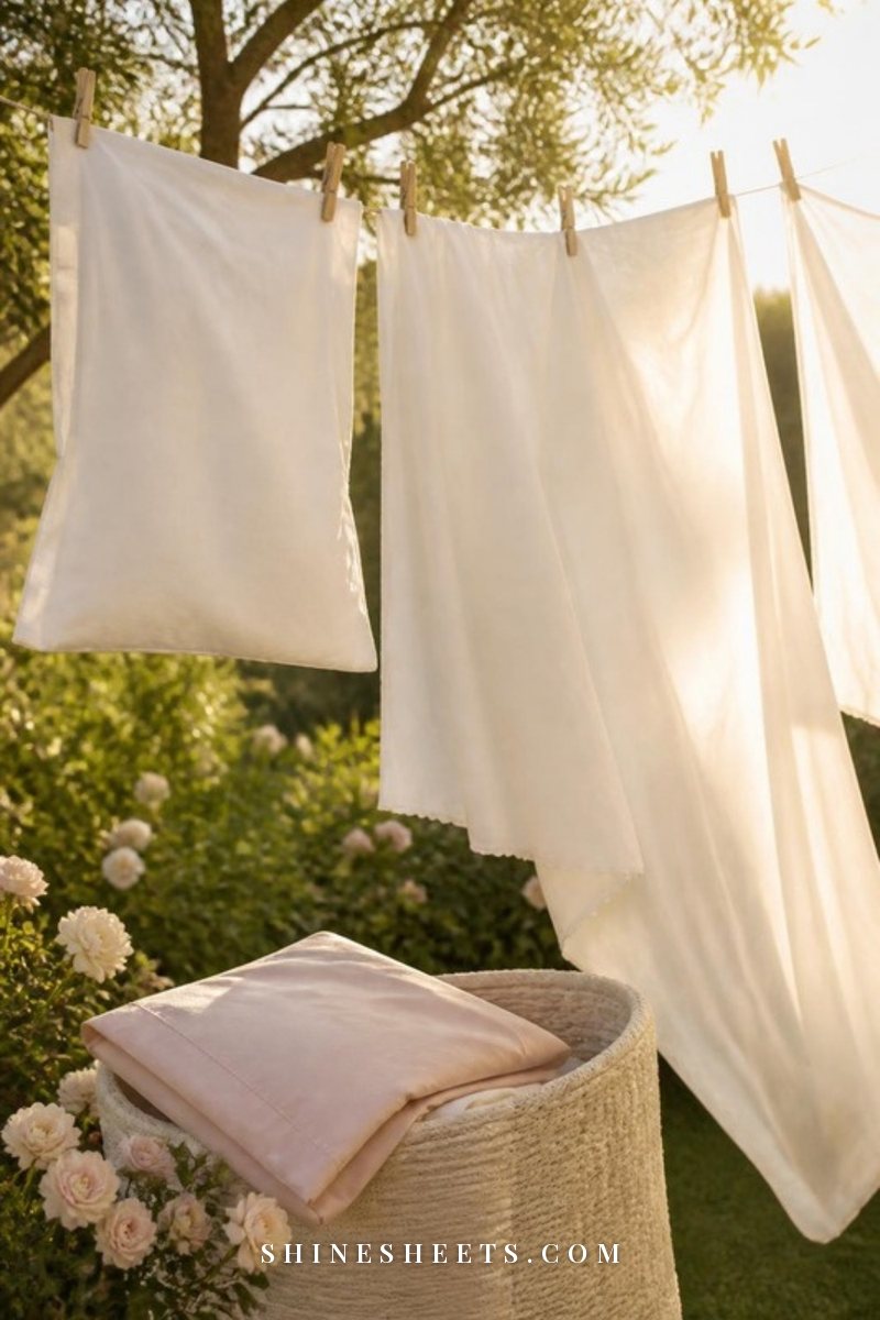 Smooth white cotton sheets drying on an outdoor clothesline in soft golden sunlight with a cream laundry basket below