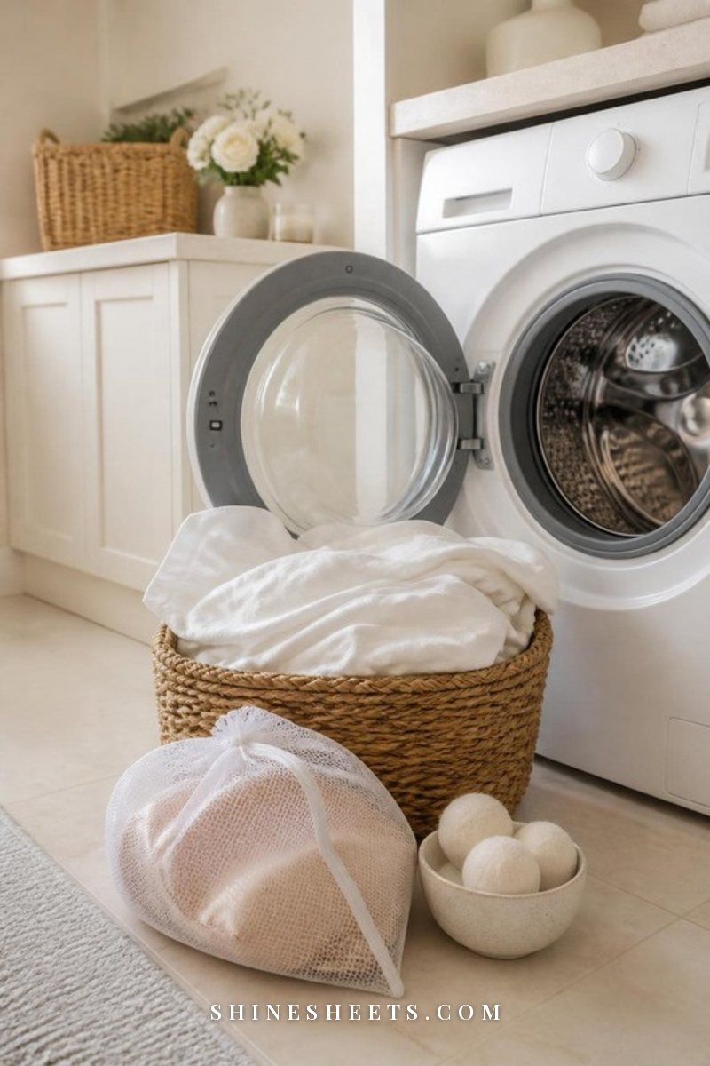 White cotton sheets and pillowcases in a woven laundry basket with wool dryer balls and a white mesh laundry bag on a cream tiled floor