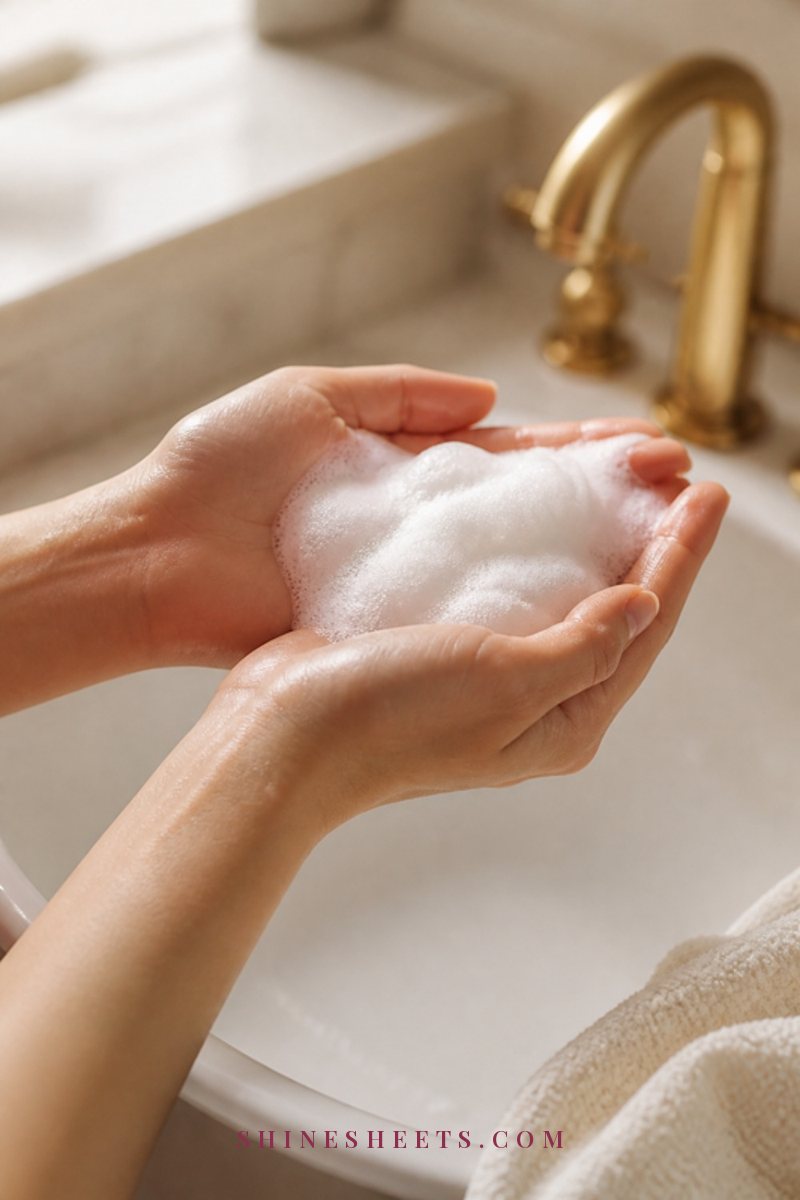 Cupped hands holding soft white cleanser foam above a white porcelain basin in soft morning light