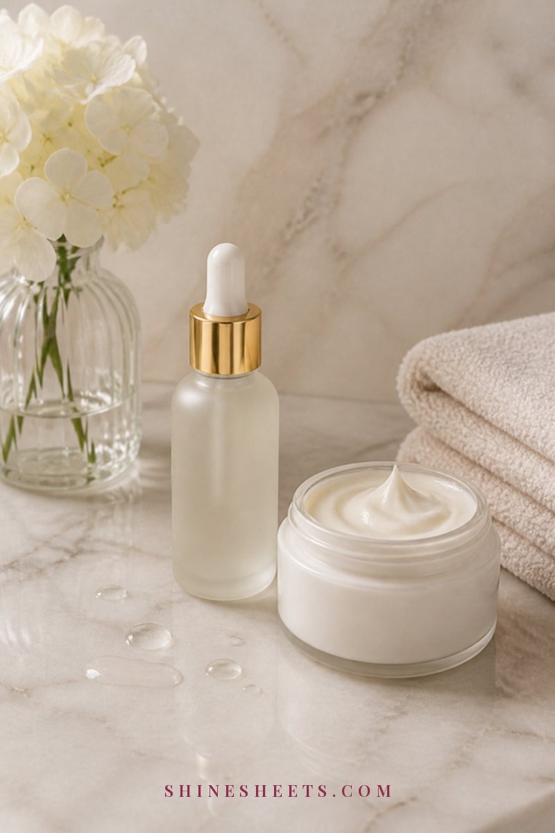 Glass dropper serum bottle and an open cream moisturizer jar on a white marble counter beside a folded face towel and white flowers