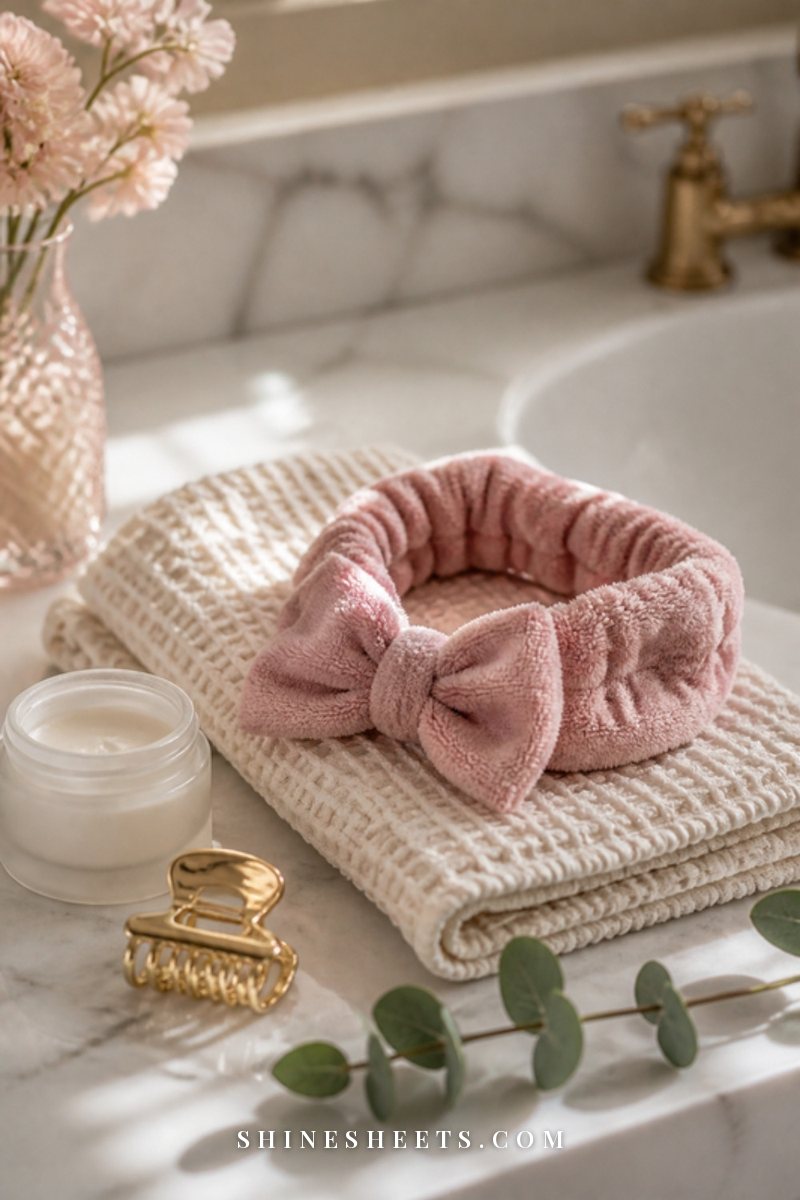 Soft blush terry spa headband folded on a cream towel beside a small glass jar and a sprig of eucalyptus on a marble counter