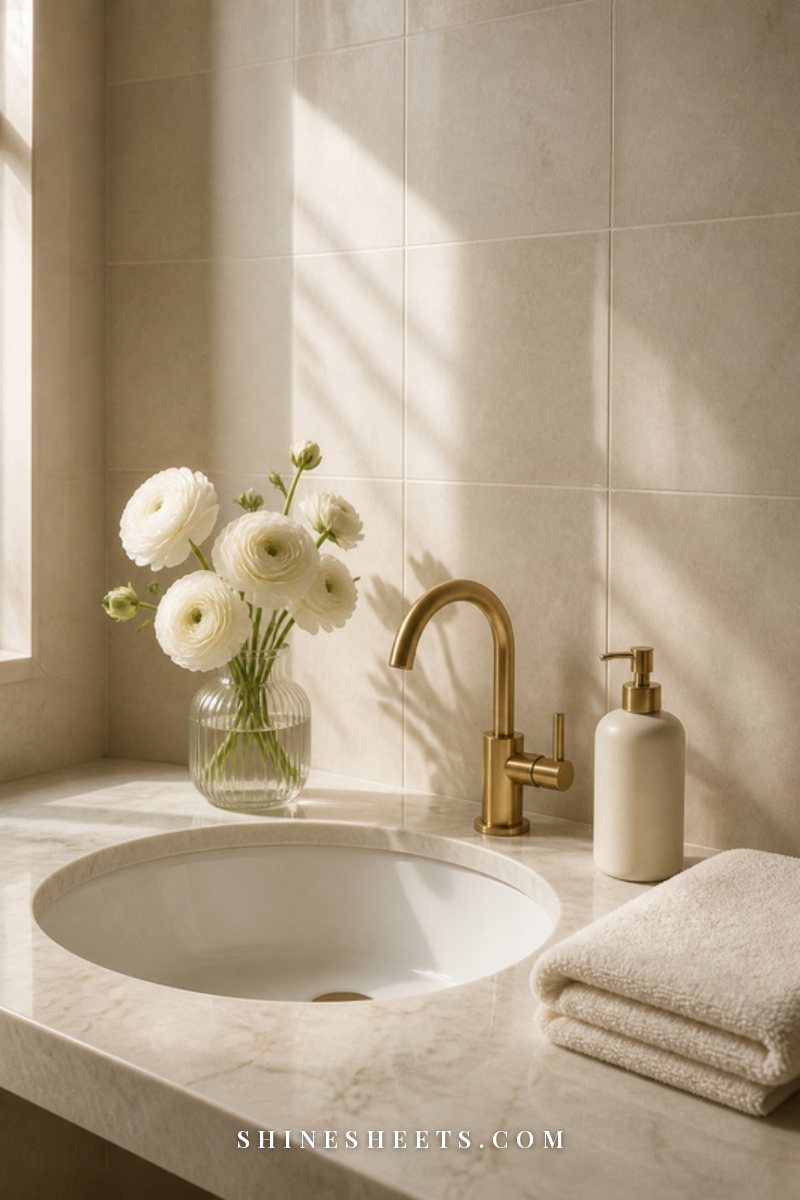 White porcelain basin with a folded cream face towel, a cleanser bottle without labels and a small vase of white flowers on a marble counter