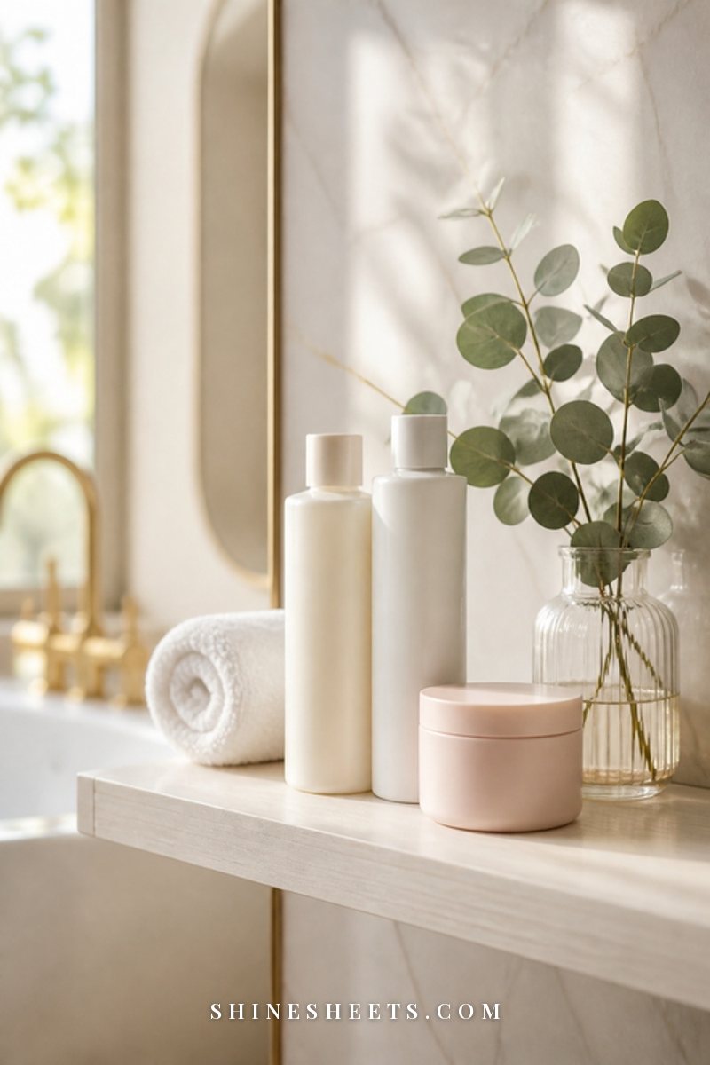 A cream bathroom shelf with neatly arranged shampoo bottles, a rolled white towel and a small vase of flowers