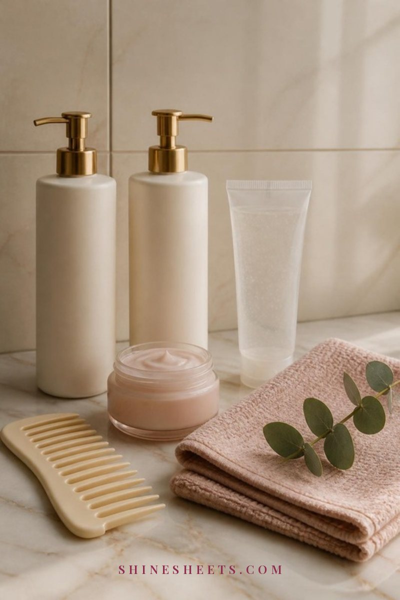 A cream conditioner bottle, a wide-tooth comb and a folded blush towel on a marble bath ledge