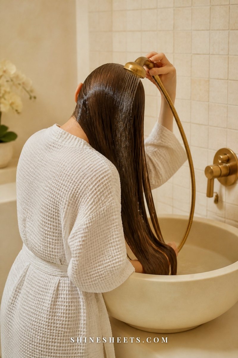 A woman seen from behind with long, healthy wet hair under a soft shower stream in a cream tiled bathroom