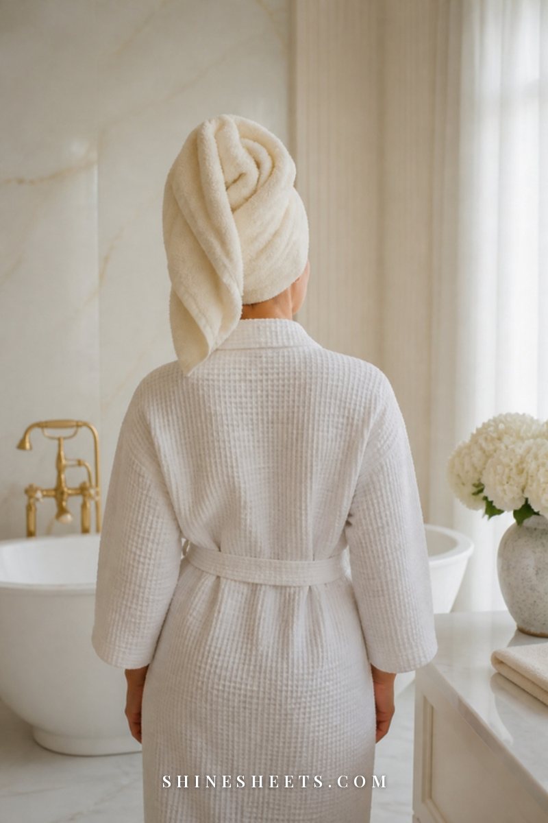 A woman seen from behind wrapping her hair in a soft cream microfiber towel in a bright bathroom