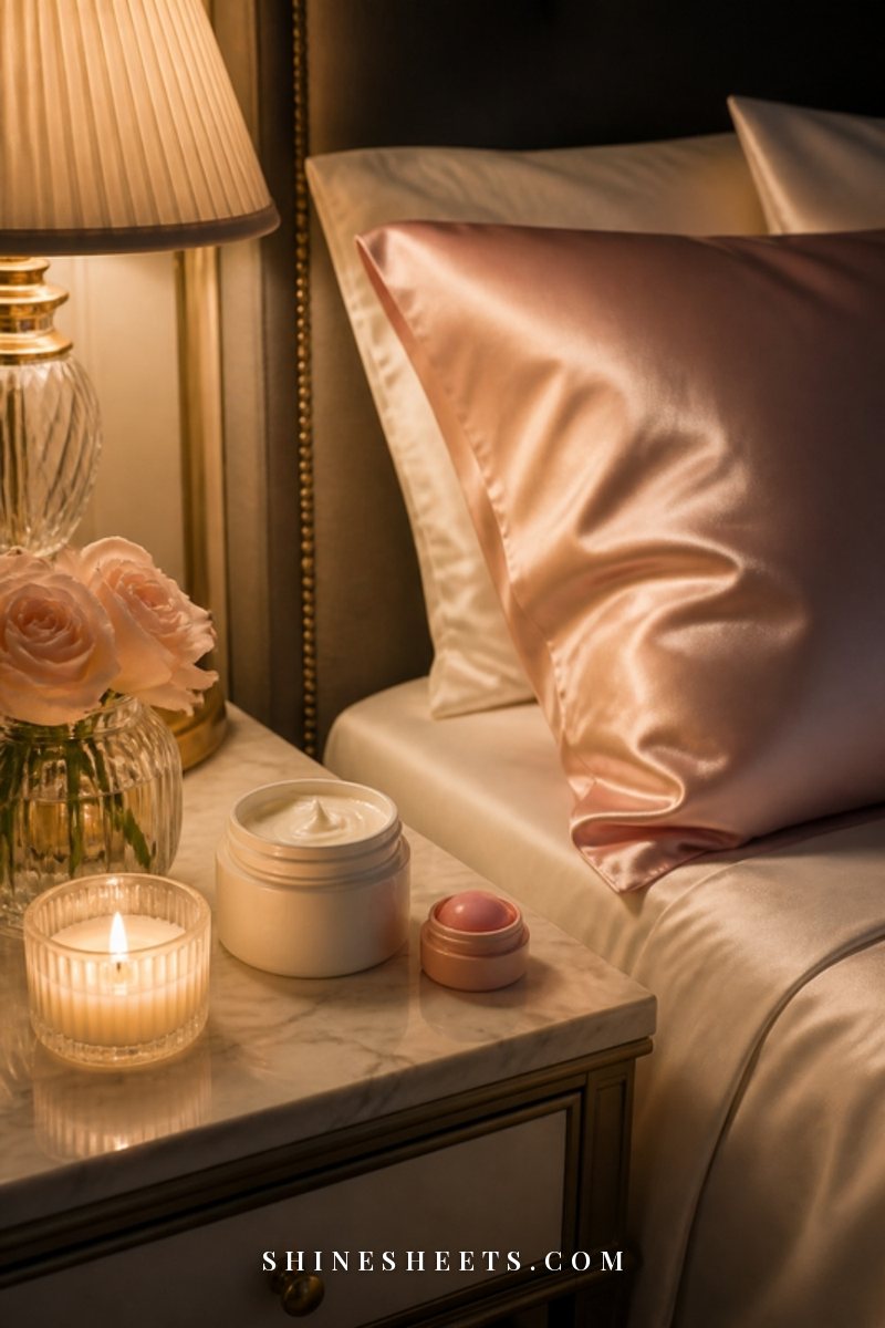 Blush silk pillowcase on a made bed with a cream jar of night cream and a lip balm on the nightstand