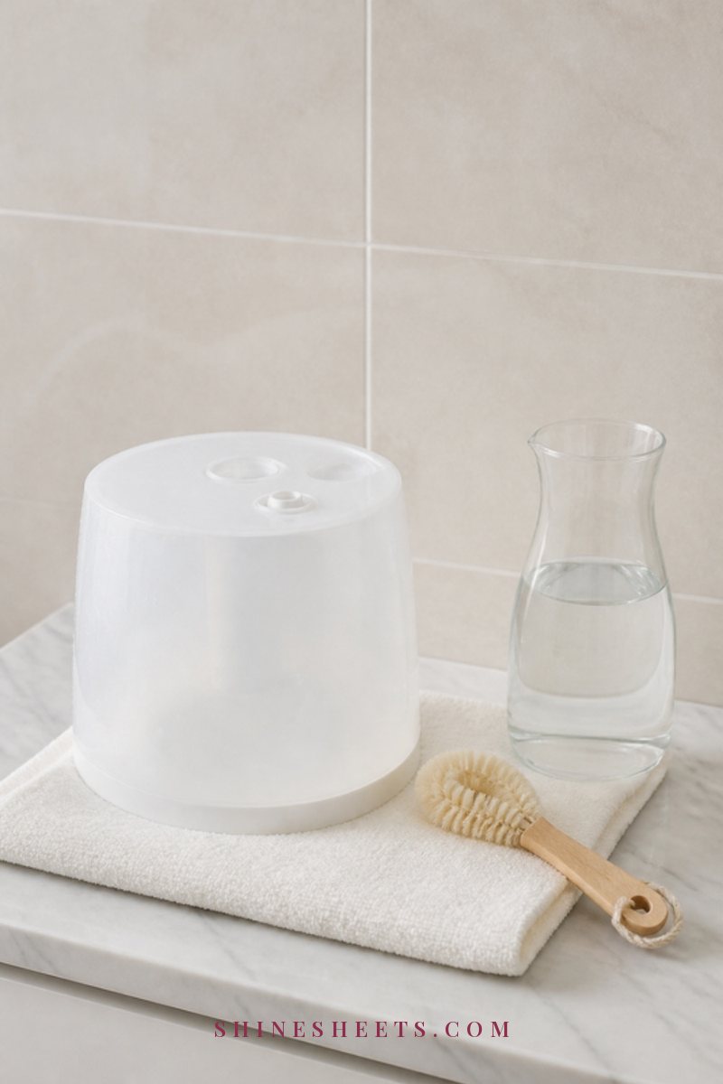 Clean white humidifier tank drying upside down on a cream towel beside a small soft cleaning brush