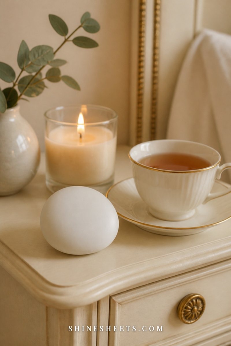 Small white digital hygrometer on a cream wooden nightstand beside a glass candle and a cup of tea