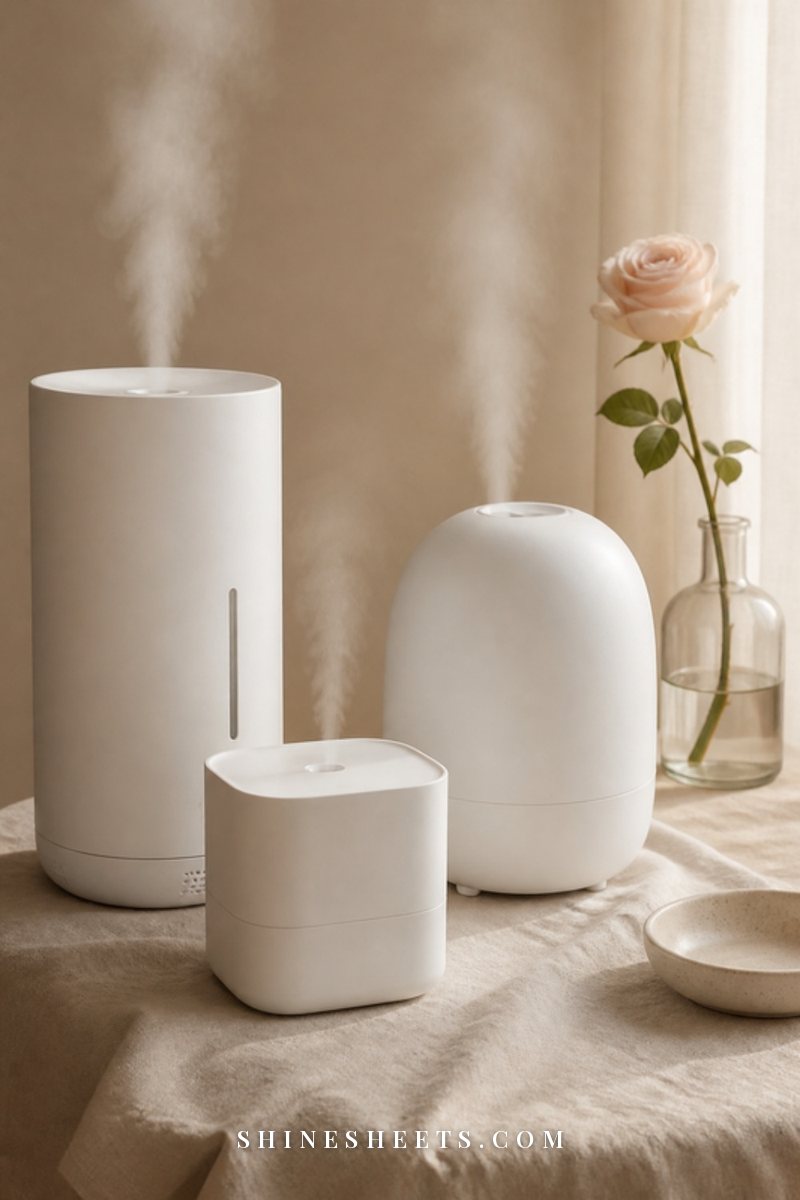 Three white humidifiers of different shapes arranged on a cream linen table in soft daylight